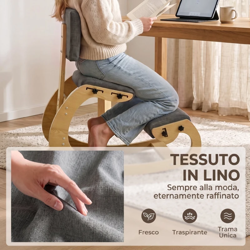 HOMCOM Sedia Ergonomica Inginocchiata in Tessuto Effetto Lino e Compensato di Betulla, Grigio