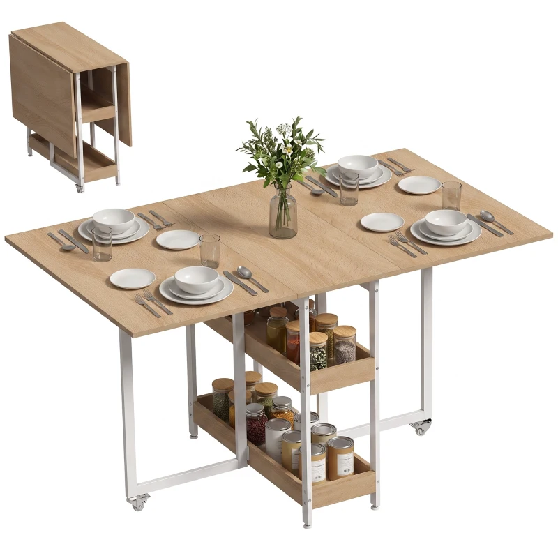 HOMCOM Klappbarer Esstisch im Industriedesign, für bis zu 4 Personen, offene Regale, flexibel, Metall, Spanplatte, Holzoptik Natur
