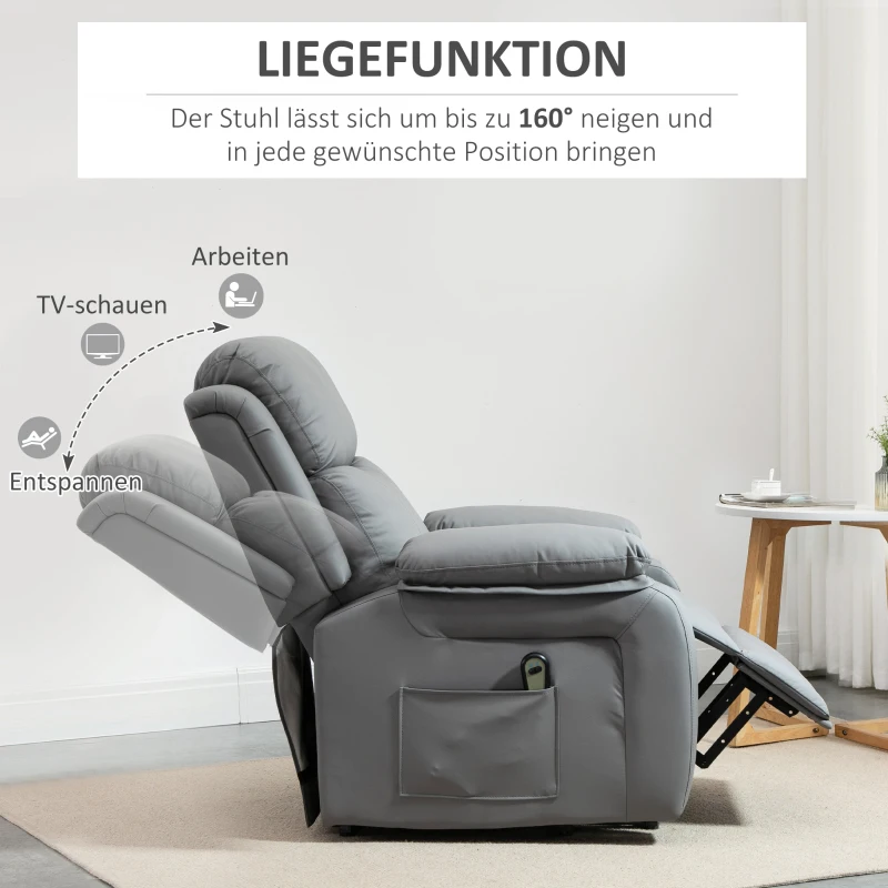 HOMCOM Elektrische opsta-fauteuil, afstandsbediening, kunstleerbekleding, gestoffeerde fauteuil met opsta-functie, Grijs