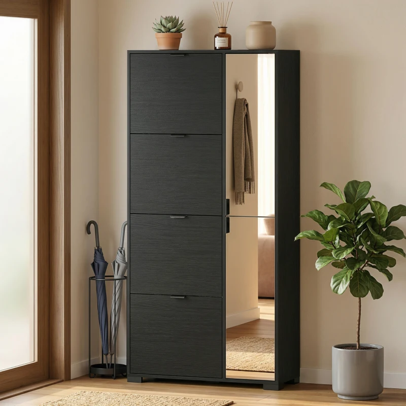 HOMCOM Meuble à chaussures 16 paires armoire à chaussures 4 tiroirs rabattables 2 portes en miroir étagères réglables noir