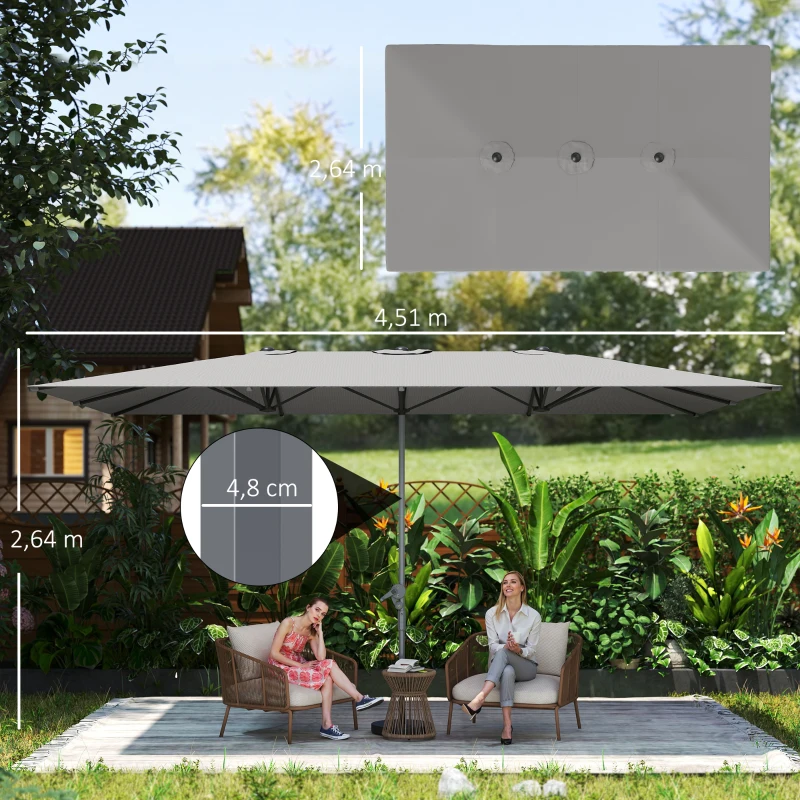 Outsunny Dubbelzijdige parasol, 451 x 264 cm parasol met kruksysteem, 12 metalen baleinen, aluminium mast, donkergrijs