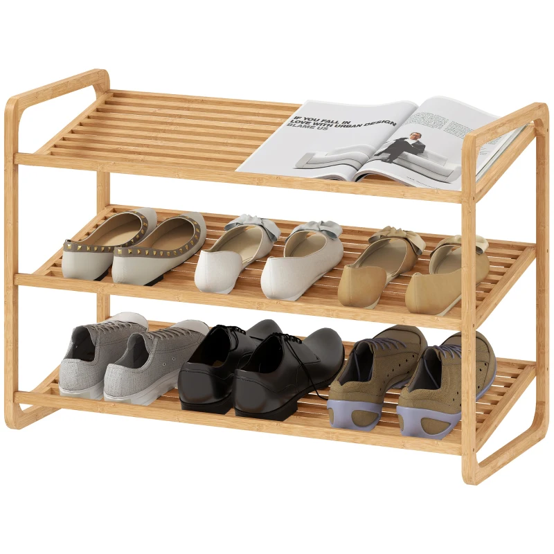 HOMCOM Bamboerek, schoenenrek, halrek, 3-niveaus ontwerp, 30 kg draagvermogen, hout