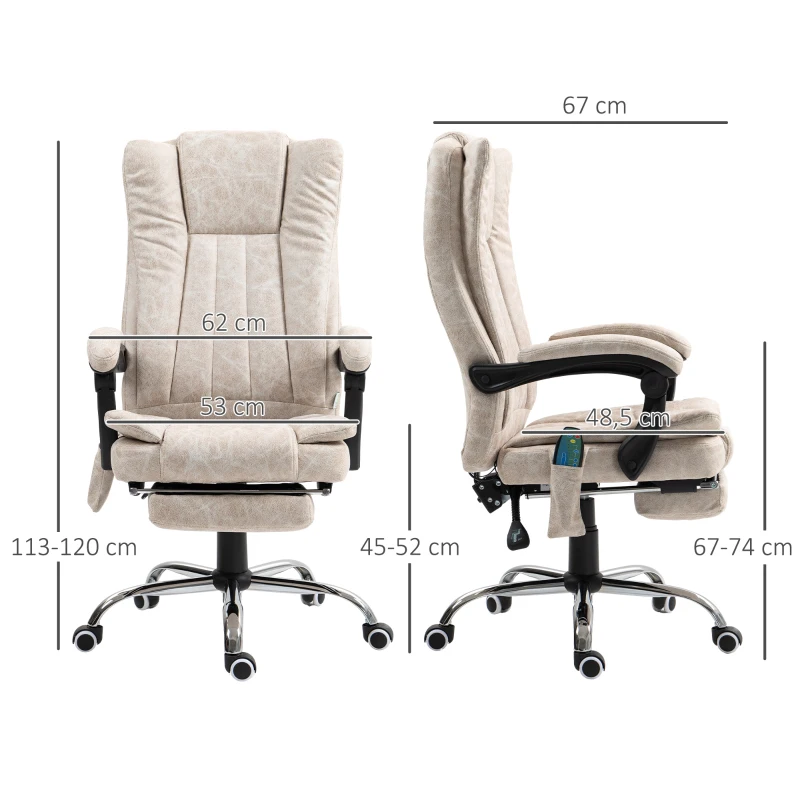 Vinsetto Sedia da Ufficio Massaggiante e Riscaldante con Poggiapiedi, in Microfibra, 62x67x113-120 cm, Crema
