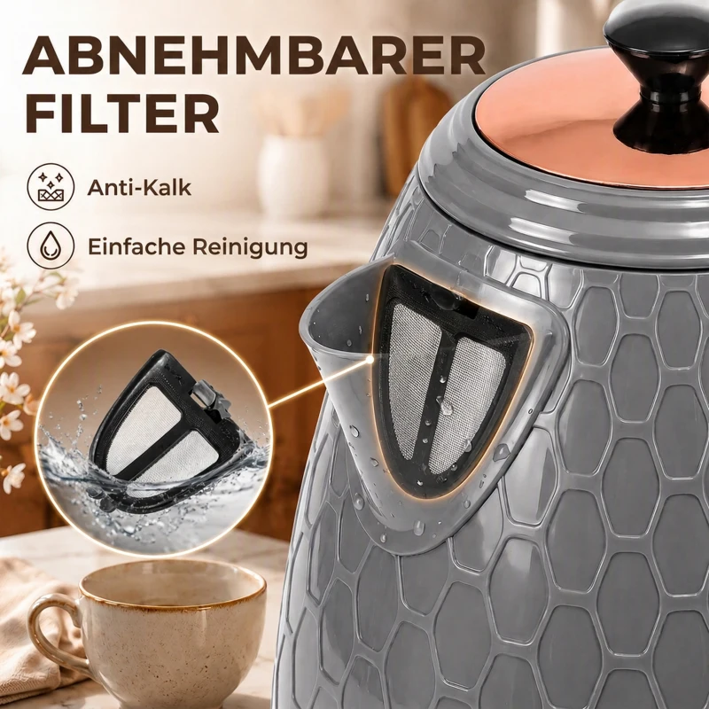 HOMCOM Wasserkocher, 2200W, Sichtfenster, Filter, Schnellkocher, Grau