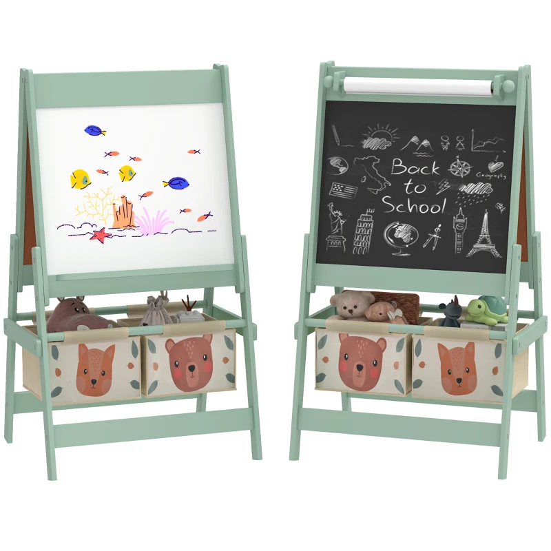 AIYAPLAY 3-in-1 Kinder Ezel met Papierrol, Krijtbord, Whiteboard, Opbergmanden, 54 x 46,5 x 93 cm, Groen(m-11)