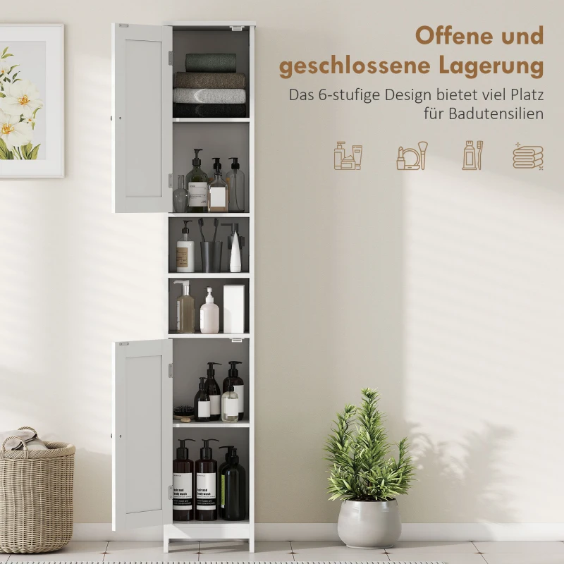 HOMCOM Hoge smalle badkamerkast met deuren, open planken, 30 x 30 x 170 cm, Wit(m-4)