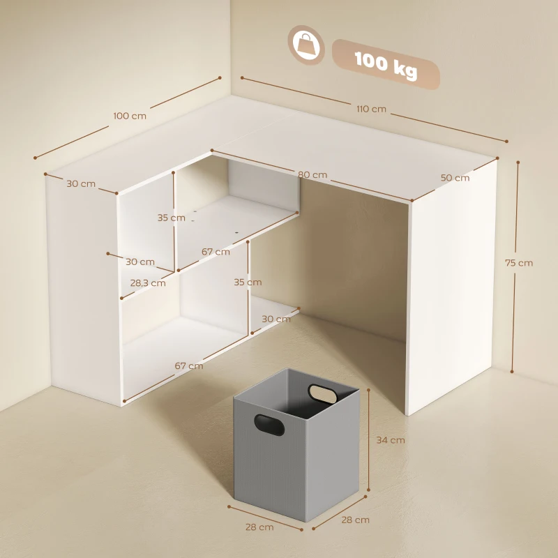 HOMCOM Scrivania Angolare Moderna con Scaffale e Cassetto in Tessuto, 110x100x75 cm, Bianco