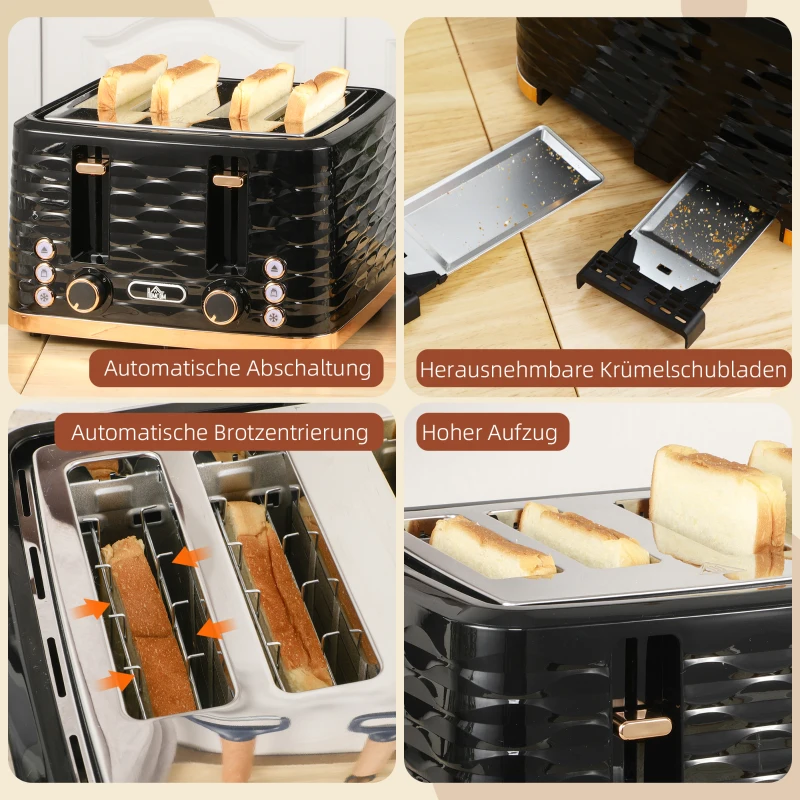 HOMCOM 4-Sleuven-Toaster, golfdesign, meerdere functies, kruimellade, Zwart