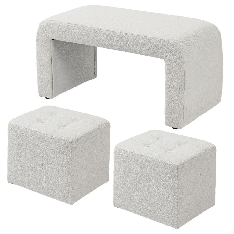 HOMCOM Voetenbankenset - 3-delige voetenbankenset, knoopsgatontwerp, 89 cm x 42,5 cm x 45 cm, crème