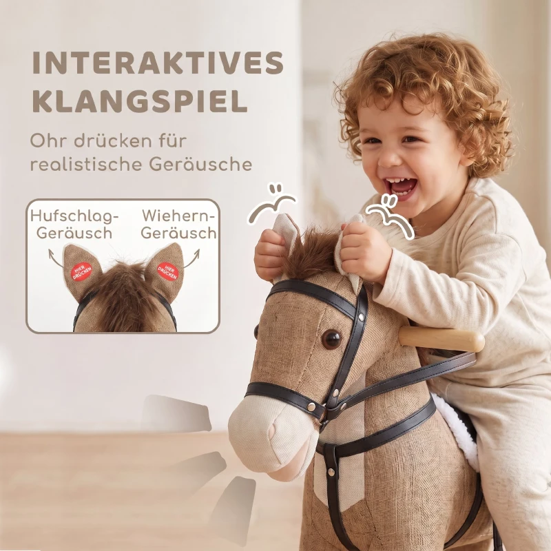 AIYAPLAY Schaukelpferd mit Sound und Sicherheitsgriffen, Reitpferd mit Holzgestell für Kleinkinder von 12–36 Monaten, Dunkelbraun