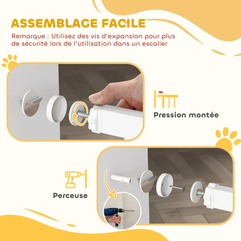 PawHut Barrière de sécurité pour chiens et bébés 76 à 80 cm avec extension fixation par pression sans perçage 76 à 80cm blanc