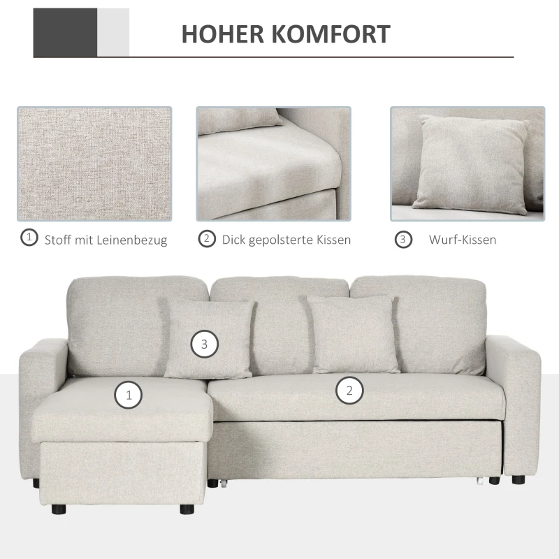 HOMCOM Slaapbank Hoekbank met Bedfunctie, inclusief 2-Zits Sofa, Eenpersoonsbed, L-vorm met Opbergruimte, 2 Kussens Crèmewit(m-5)