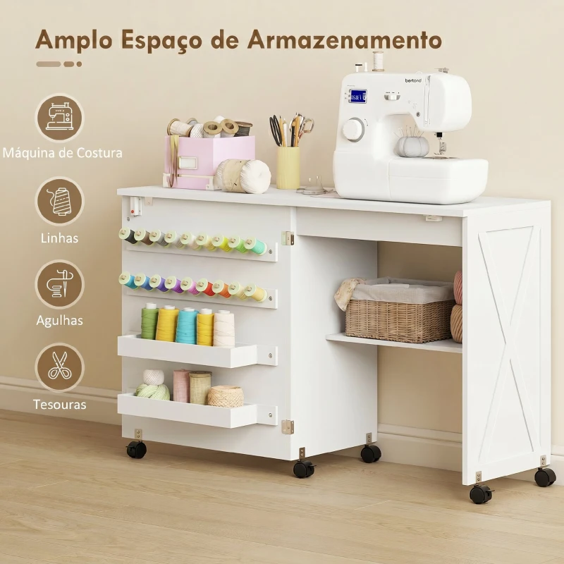 HOMCOM Mesa para Máquina de Costura Dobrável com Porta Magnética, 2 Compartimentos, Prateleira, 18 Suportes para Linhas, 5 Rodas, Branco