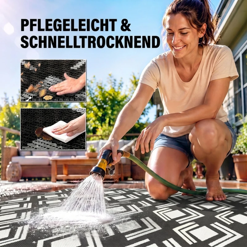 Outsunny Outdoor Teppich robuster Wetterfest Outdoorteppich mit Tragtasche, faltbar Carpet Boho-Style 182 x 274 cm Schwarz+Weiß