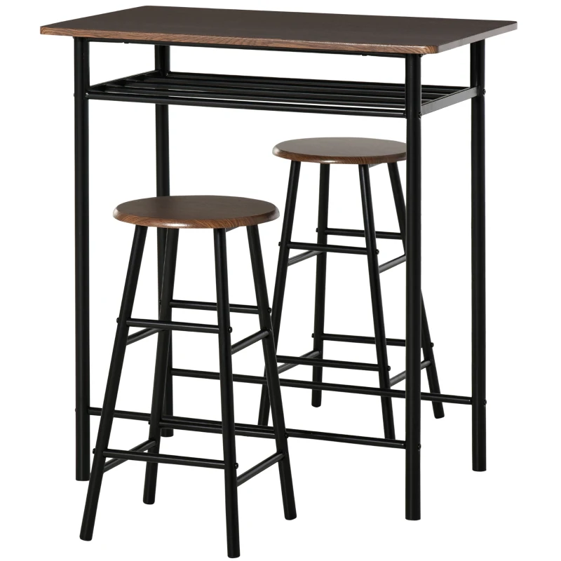 HOMCOM Bartafel Set, 3-delig, Tafel & 2 Krukken, Opbergrek, Industrieel Ontwerp, Zwart/Eiken