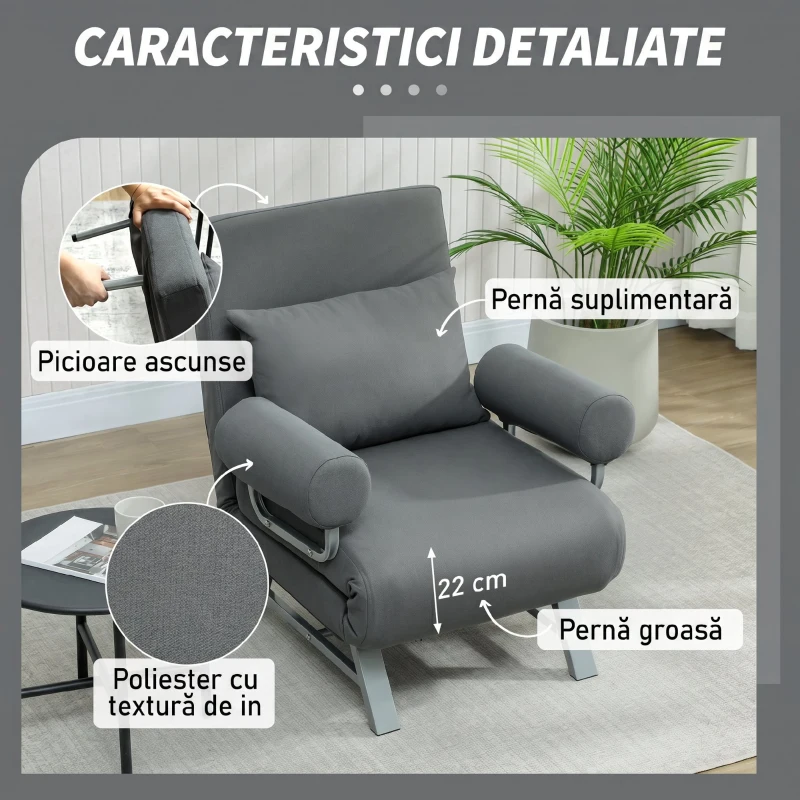 HOMCOM Fotoliu Extensibil 3 în 1 cu Spătar Reglabil pe 5 Nivele, din Material cu Efect de In, 73x78x81 cm, Gri Închis