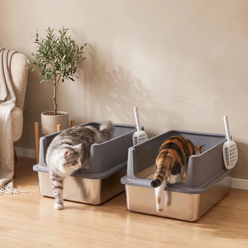 PawHut Juego de 2 Areneros Gatos de Acero Inoxidable XL Borde Alto 2 Palas para Gatos Grandes y Gatitos Múltiples Gris Oscuro