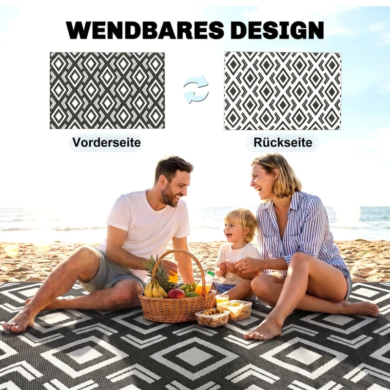 Outsunny Outdoor Teppich robuster Wetterfest Outdoorteppich mit Tragtasche, faltbar Carpet Boho-Style 182 x 274 cm Schwarz+Weiß