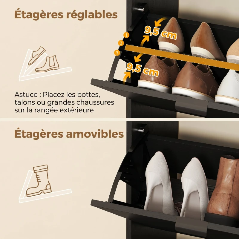HOMCOM Meuble à chaussures 16 paires armoire à chaussures 4 tiroirs rabattables 2 portes en miroir étagères réglables noir