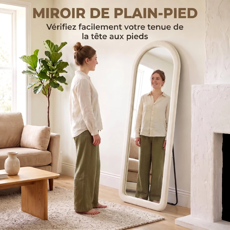 HOMCOM Miroir de Sol Arqué Pleine Longueur 160x60cm, Grand Miroir sur Pied ou Mural, Cadre Effet Velours, Verre Trempé, Crème