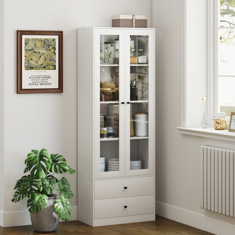 HOMCOM Aparador de Cocina con Armario y 2 Cajones, Puertas de Vidrio y Estantes Regulables, 59x30x164 cm, Blanco