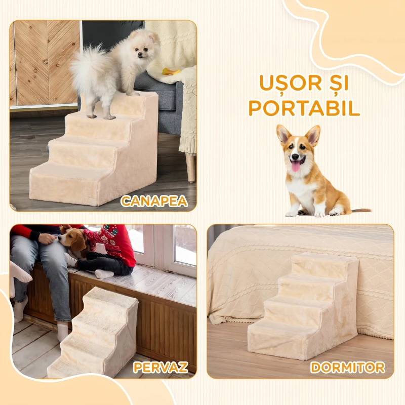 PawHut Scară Portabilă pentru Câini cu 4 Trepte, din Țesătură Catifelată, Detasabilă și din Placă Aglomerată, 60x35x44 cm, Bej