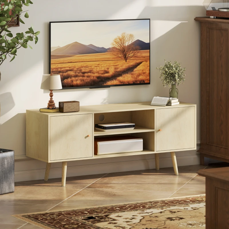 HOMCOM Comodă TV pentru Televizoare de Până la 55", cu 2 Dulapuri și 2 Rafturi, Culoare Lemn