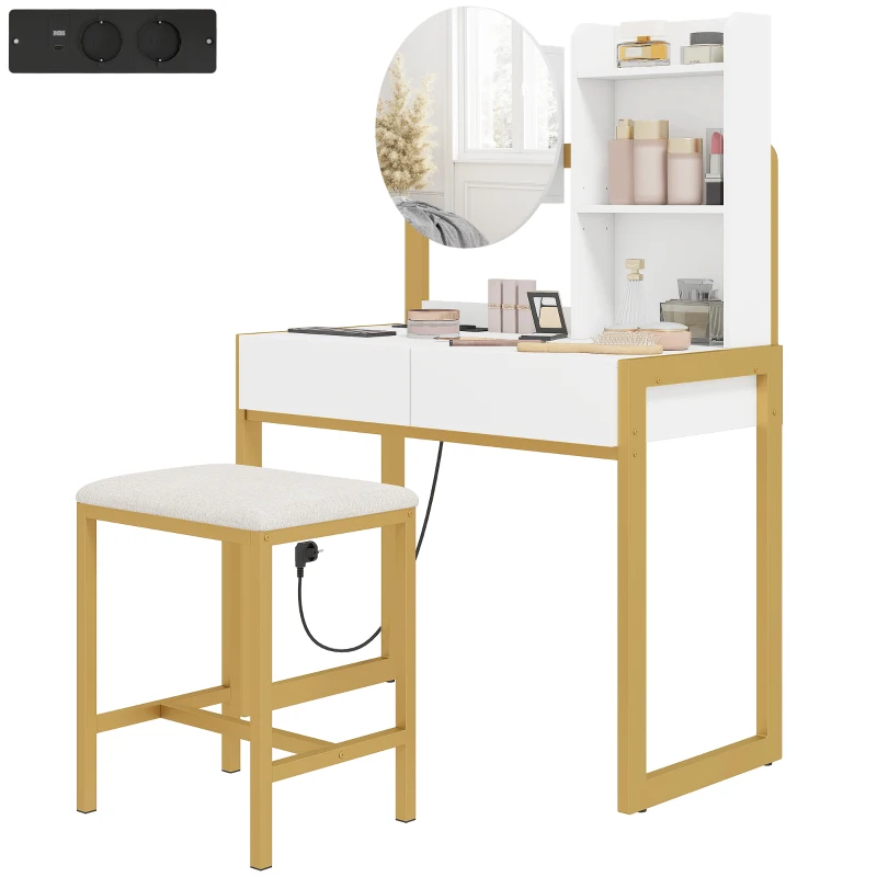 HOMCOM Tocador de Maquillaje con Espejo y Taburete Acolchado Estación de Carga 2 Cajones 3 Estantes para Dormitorio Blanco