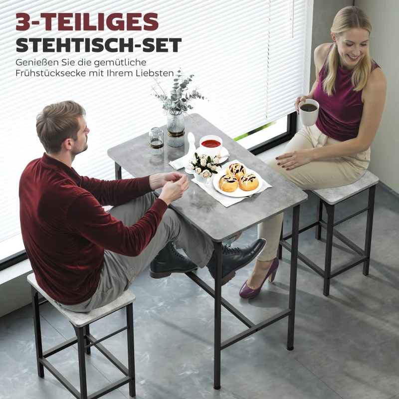 HOMCOM Industriële Bartafel Set met 2 Barkrukken en Antislip Voetpads - Grijs