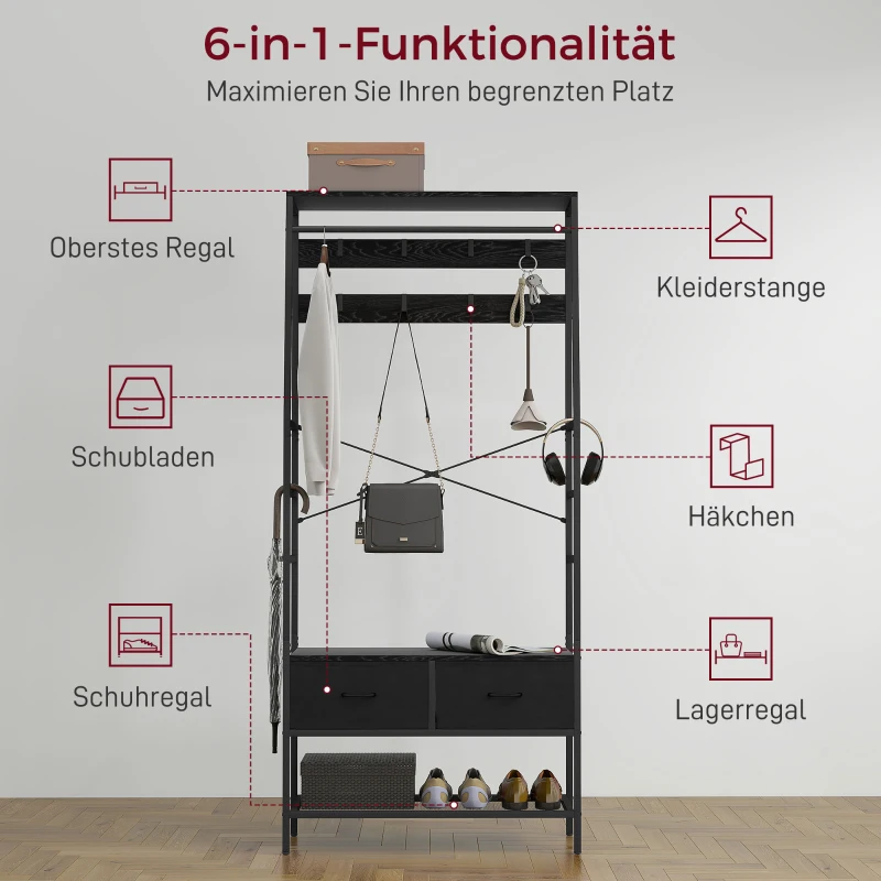 HOMCOM Kapstok met Schoenenrek in Industriële Stijl, Kledingrek met 2 Stoffen Lades, 8 Haken, Metalen Frame, Zwart(m-5)
