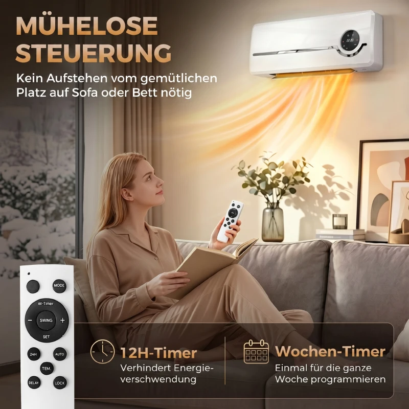 HOMCOM Muurverwarmer voor wandmontage 2000W keramische wandverwarming met ventilator, afstandsbediening, 2 verwarmingsstanden, LED-display(m-7)