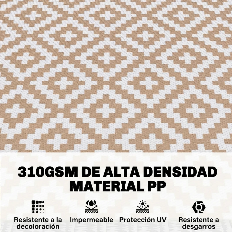 Outsunny Alfombra de Exterior Reversible 182x274 cm con Patrón Geométrico Acabado Impermeable Café y Blanco