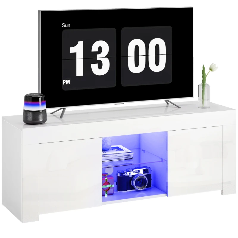 HOMCOM TV-kast met LED-verlichting, 2 kastdeuren, glazen plank, kabelopeningen, voor woonkamer, spaanplaat, wit(m-11)