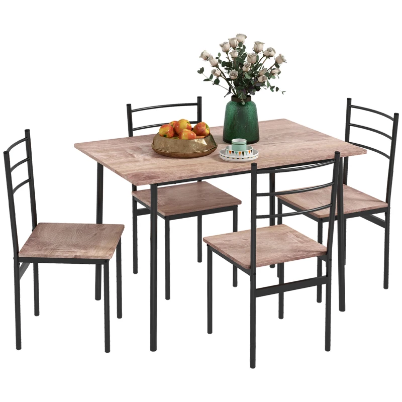 HOMCOM Set din 5 Piese cu Masă de Bucătărie Dreptunghiulară și 4 Scaune Moderne din MDF și Oțel, 110x70x75 cm , Maro