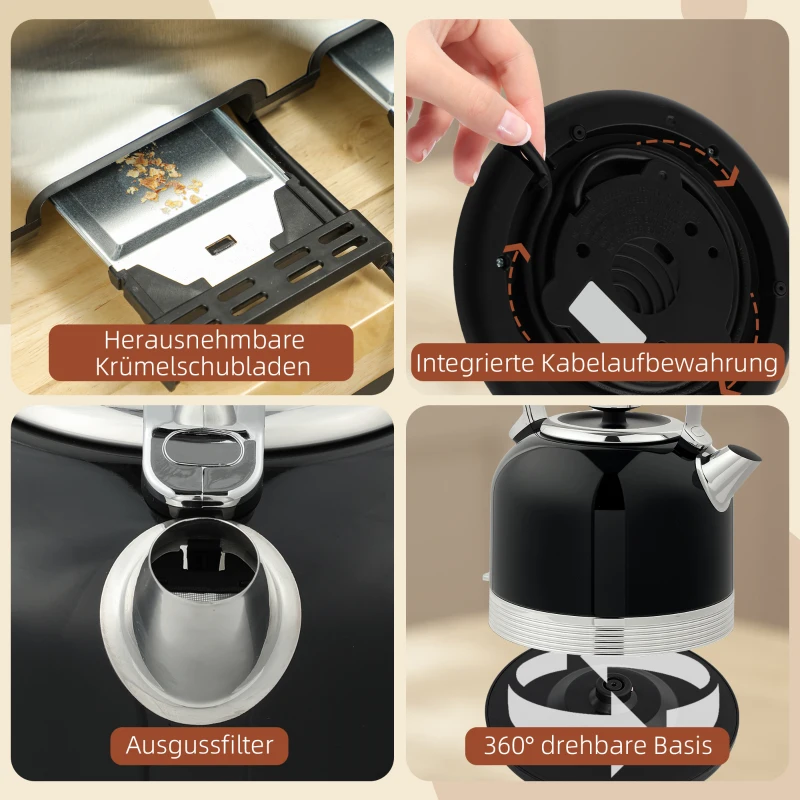HOMCOM Waterkoker- en Broodrooster-set, 7 Bruiningsniveaus, 1,7 L, Kunststof, RVS, Zwart