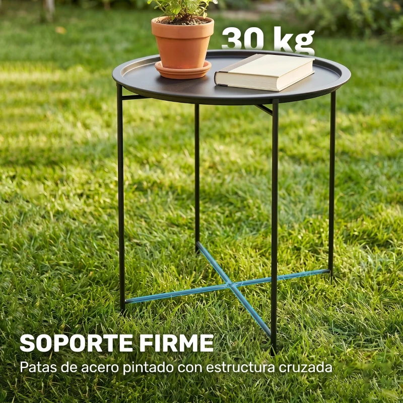 Outsunny Mesa de Jardín Redonda con Bandeja Extraíble Patas Ajustables y Acabado en Acero para Exterior Ø46x50 cm Negro