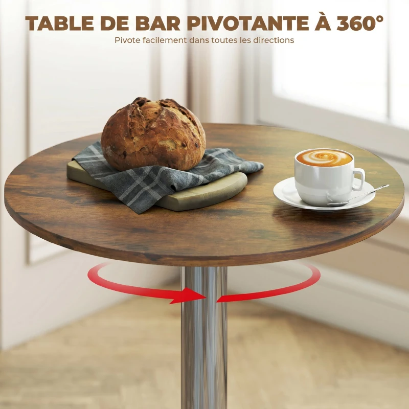 HOMCOM Table de Bar Table Bistro Mange-debout Hauteur réglable 67-93 cm Plateau pivotant 360° marron