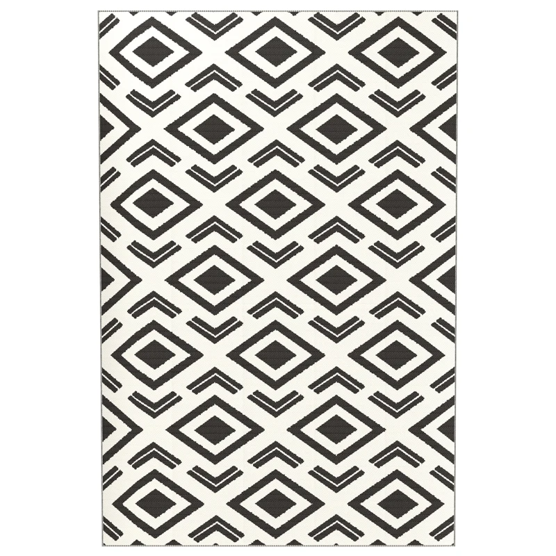 Outsunny Outdoor Teppich robuster Wetterfest Outdoorteppich mit Tragtasche, faltbar Carpet Boho-Style 182 x 274 cm Schwarz+Weiß