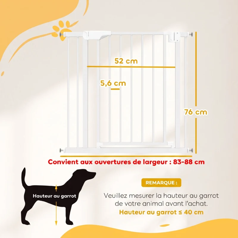 PawHut Barrière de Sécurité pour Chiens et Bébés 76 à 88 cm avec Extension, Fixation par Pression sans Perçage, 76 à 88 cm, Blanc