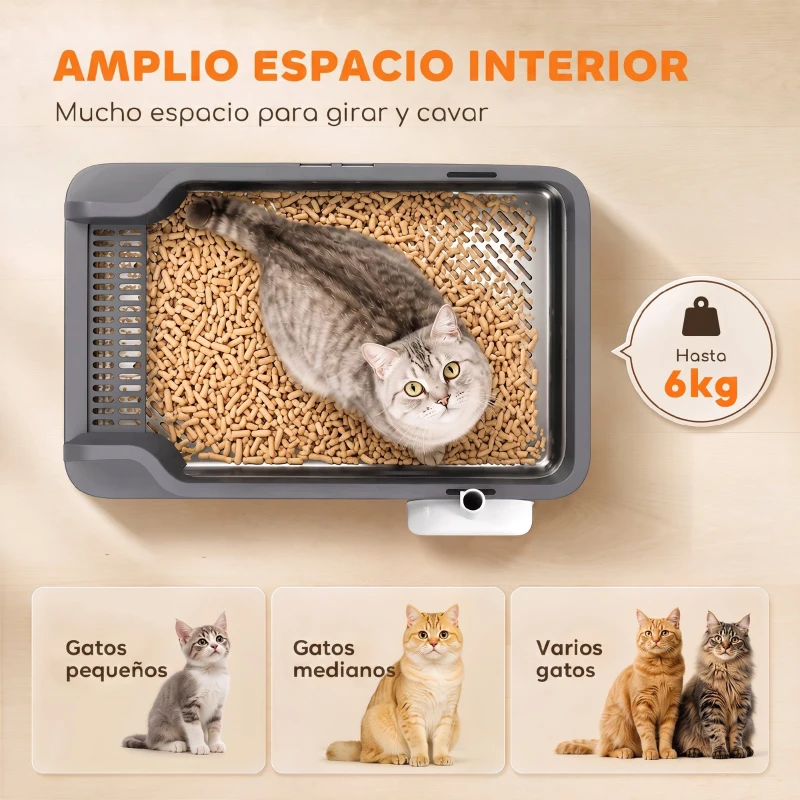 PawHut Arenero para Gatos de Acero Inoxidable L con Bandeja de Tamizado Borde Alto Pala y 10 Empapadores Gris Oscuro