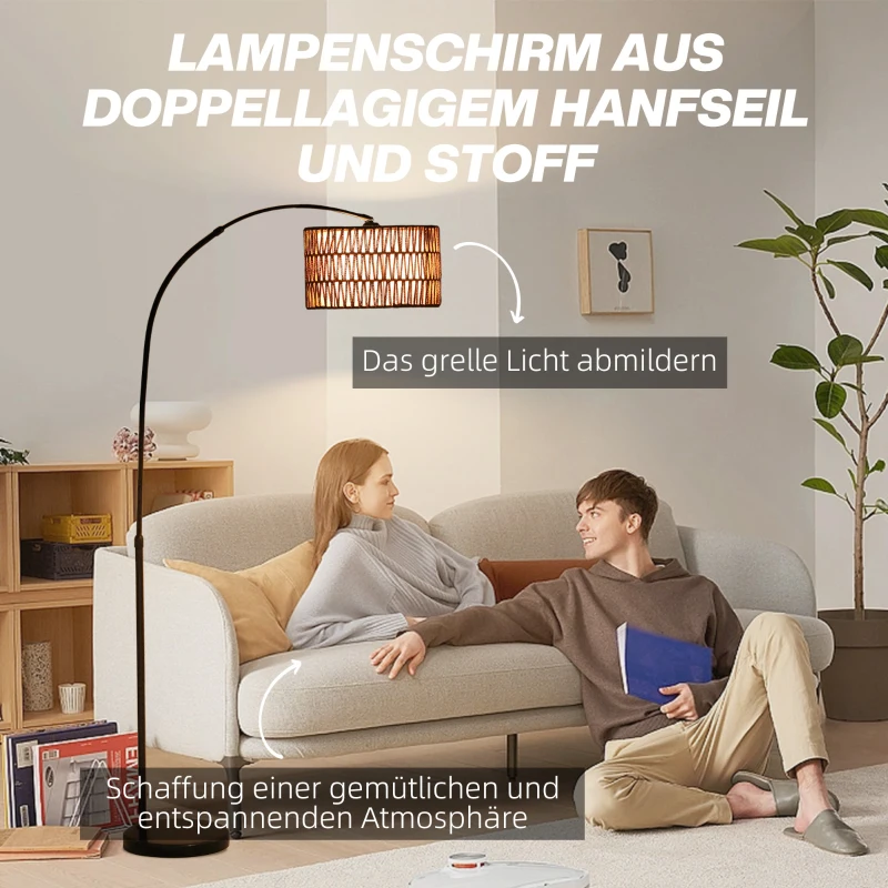 HOMCOM Staande Lamp met Henneptouw Lampenkap, In Hoogte Verstelbaar, Voetschakelaar, Metaal, Zwart