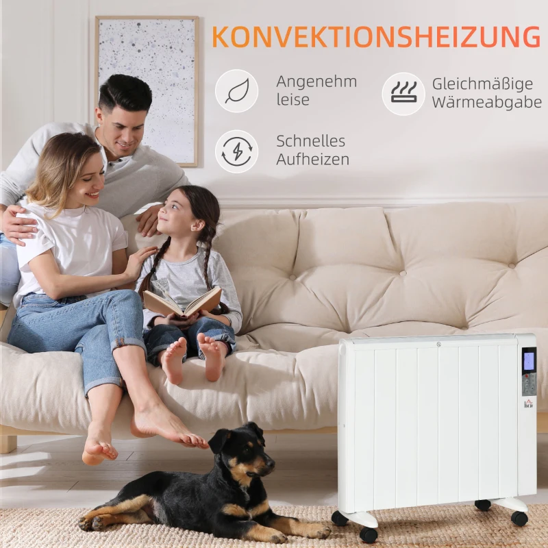 HOMCOM elektrische verwarming met wielen, 9 voorgeïnstalleerde modi, wandmontage mogelijk, 5-35° C, wit, 75 x 7,5 x 58,5 cm(m-6)