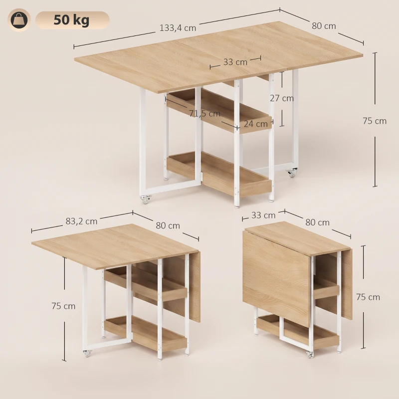 HOMCOM Klappbarer Esstisch im Industriedesign, für bis zu 4 Personen, offene Regale, flexibel, Metall, Spanplatte, Holzoptik Natur
