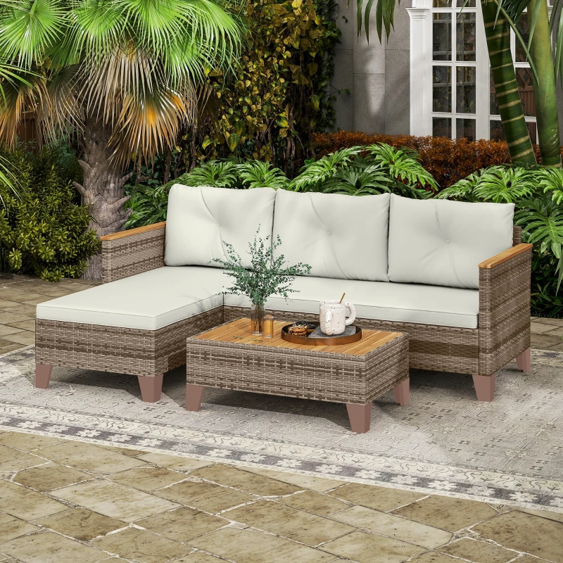 Outsunny Salotto da Giardino in Rattan PE con Divano 2 Posti, Chaise Longue e Tavolino da Caffè, Crema