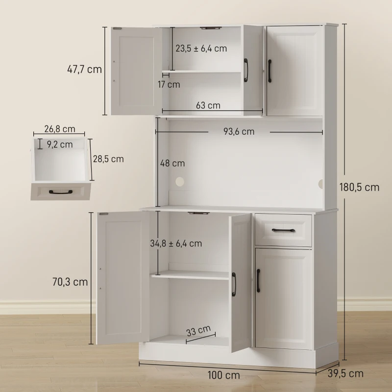 HOMCOM Buffet Haut Cuisine Moderne, 6 Portes, 1 tiroir, 1 Compartiment Ouvert, Étagères Réglables, 100 x 39,5 x 180,5 cm, Blanc(m-3)