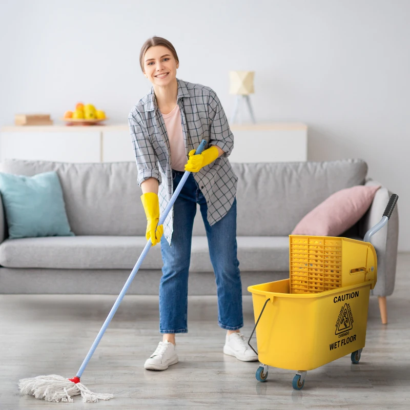 HOMCOM Schoonmaakwagen 20L Poetswagen met Pers en Veegset, Emmer incl. Mop, Rol(m-2)