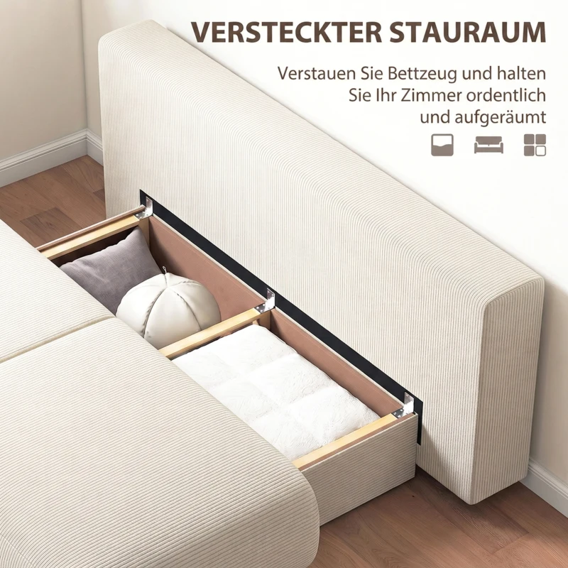 HOMCOM Schlafsofa mit verstellbarer Rückenlehne, Bettfunktion, verstecktem Stauraum und Cordbezug, Beige