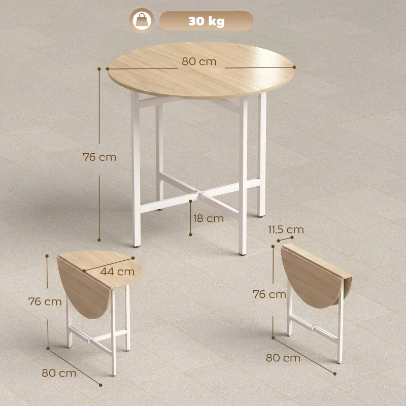 HOMCOM Klappbarer Esstisch, 80 cm Runder Klapptisch mit Stahlrahmen, Platz für 2-4 Personen, Naturholz-Optik