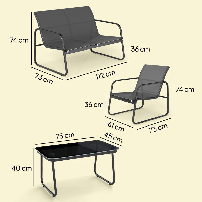 Outsunny Conjunto Jardín Exterior de 4 Piezas con Sofá de 2 Plazas 2 Sillones Mesa de Vidrio Templado Tela Textilene Gris Oscuro