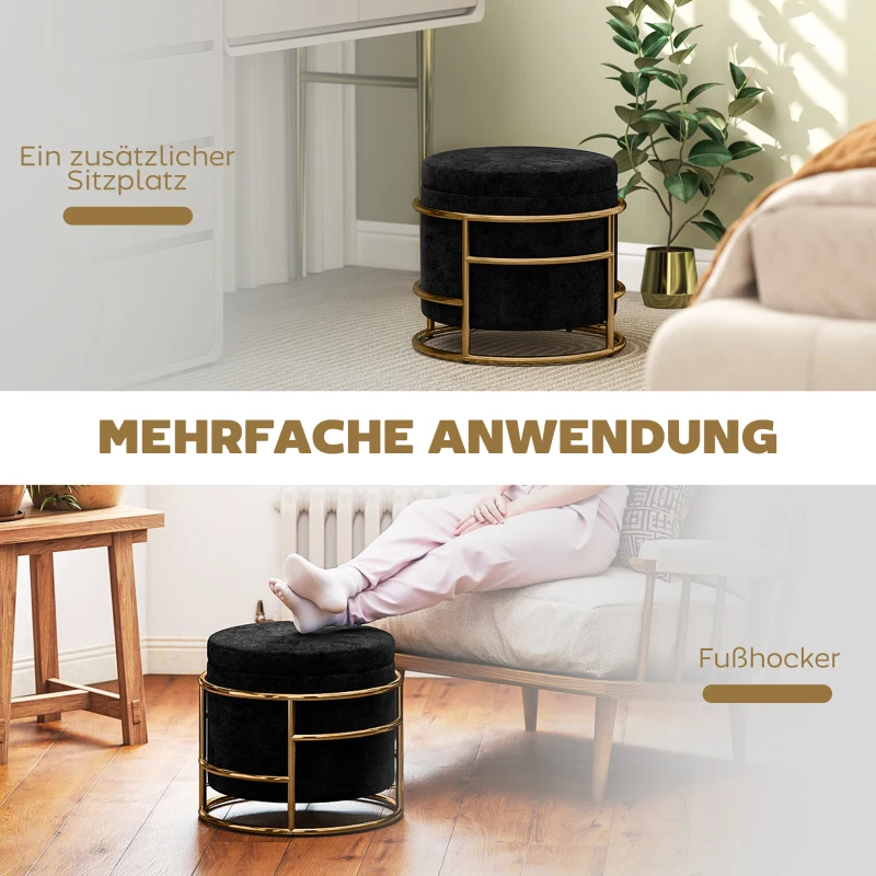 HOMCOM Opberghocker, gepolsterde voetenbank, metalen frame, verguld, Zwart